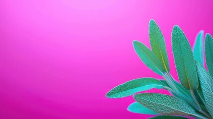 Poster - Sage leaves abstract background concept. Vibrant green leaves against a bright pink background for fresh, natural aesthetics.