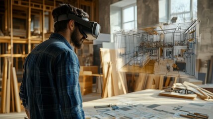 Aufkleber - A professional explores real estate design through virtual reality technology in a creative workspace.