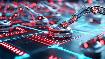 Poster - Futuristic Manufacturing Hub, an advanced facility featuring automated machinery, sleek design, and innovative production processes.