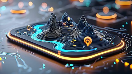 Poster - Holographic Terrain Model, intricate design displaying advanced geographical features, vibrant colors enhancing topographical details, innovative visual representation.