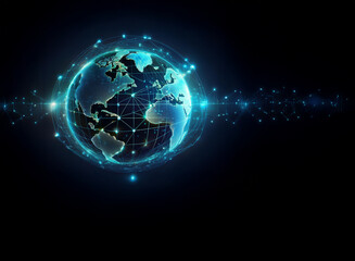 Poster - A glowing digital globe, encased in a network of interconnected nodes, symbolizes global connectivity and data flow across continents.  The image uses cool blue tones on a dark background to create a 
