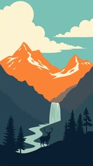 Wall Mural - landscape with waterfall and mountains