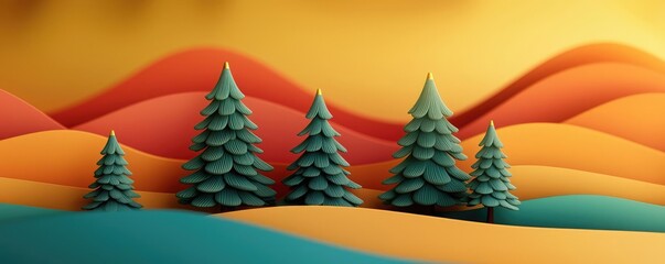 Poster - Pine tree abstract background idea. Vibrant paper art landscape featuring colorful waves and pine trees.