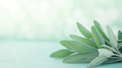 Poster - Sage leaves abstract background concept. Fresh green leaves on soft blue background, perfect for nature-inspired designs.