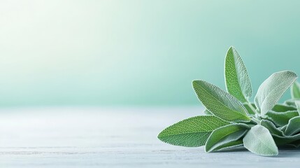 Poster - Sage leaves abstract background concept. Lush green sage leaves on a rustic wooden surface against a soft, faded background.