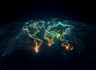 Poster - A luminous world map, rendered in glowing teal and amber lines, depicts global interconnectedness.  The continents are outlined, with bright nodes suggesting major cities or communication hubs.