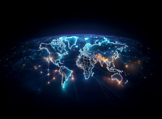 Poster - A luminous world map, depicted as a network of glowing lines and nodes, representing global connectivity and data flow.  The continents are outlined in bright blue light, with points of light illumina