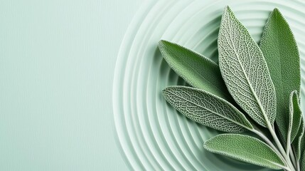 Poster - Sage leaves abstract background concept. Elegant sage leaves arranged on a mint-colored background with concentric circles.