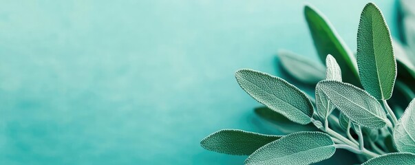 Poster - Sage leaves abstract background concept. Close-up of fresh green leaves against a teal background, evoking tranquility and nature.