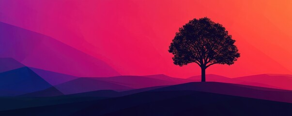 Aufkleber - Plane tree abstract background idea. A vibrant sunset landscape featuring a solitary tree against colorful hills.