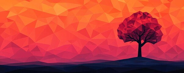 Poster - Plane tree abstract background idea. A vibrant geometric landscape featuring a solitary tree against a colorful sunset.