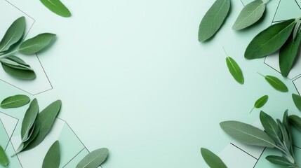 Poster - Sage leaves abstract background concept. A serene composition featuring green leaves on a soft mint background.