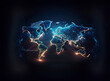 © joeycheung - A glowing, digital world map, rendered in a plexus style, with bright nodes representing major global hubs.  Connectivity and global network are emphasized.