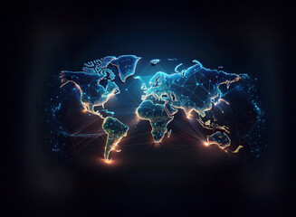 Poster - A glowing, digital world map, rendered in a plexus style, with bright nodes representing major global hubs.  Connectivity and global network are emphasized.