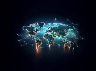 Poster - Glowing world map with interconnected nodes, representing global network and digital connections.  Dark background emphasizes the illuminated continents.