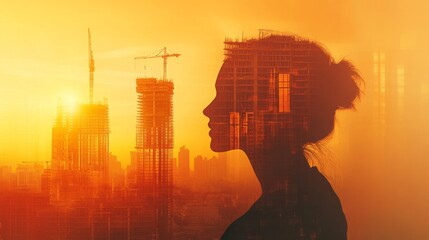 Poster - A profile of a woman is layered over an urban skyline at sunset, showcasing ongoing construction projects.