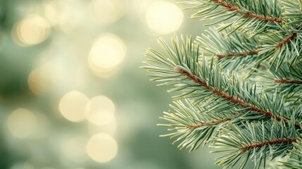 Poster - Pine tree abstract background idea. Close-up of pine branches with soft green background and gentle bokeh lights.