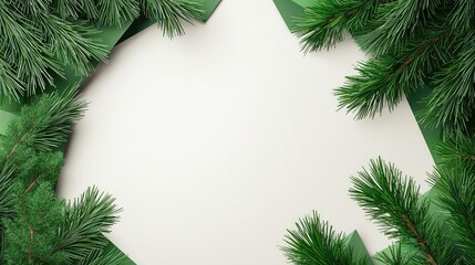 Poster - Pine tree abstract background idea. A fresh green border of pine leaves framing a blank white space for your creativity.