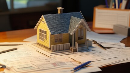 Aufkleber - A detailed model of a house stands prominently on a cluttered desk filled with architectural plans and documents. Pens and stationery are scattered, showcasing a busy real estate project environment.