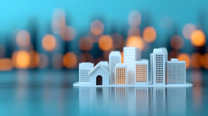 Miniature city skyline model with a focus on residential and commercial buildings against a blurred colorful bokeh background