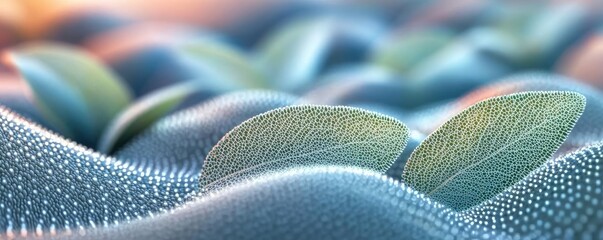 Poster - Sage leaves abstract background concept. Close-up of vibrant green leaves on a textured blue background.