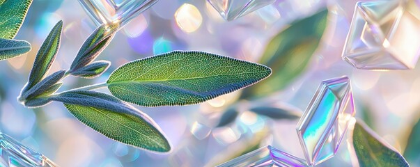 Poster - Sage leaves abstract background concept. A close-up of vibrant green leaves with sparkling crystal-like shapes in a dreamy background.