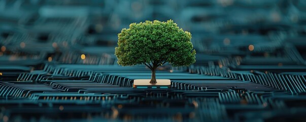 Poster - Plane tree abstract background idea. A small tree growing on a computer circuit board representing nature and technology.
