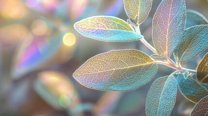 Fototapete - Sage leaves abstract background concept. Close-up of colorful leaves reflecting light in a serene natural setting.