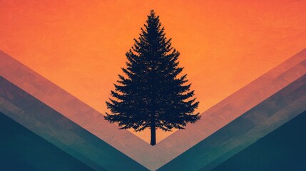 Poster - Pine tree abstract background idea. Silhouetted tree against a vibrant sunset, creating a striking visual contrast.