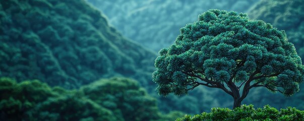 Poster - Pine tree abstract background idea. A serene tree standing alone amidst lush green mountains, showcasing nature's beauty.