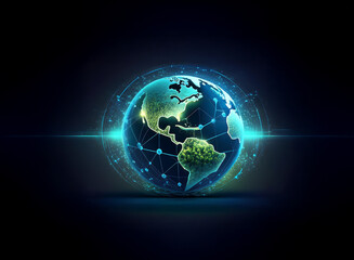 Poster - A glowing digital globe, encircled by interconnected nodes, representing global network and communication.  A burst of light shines beneath.