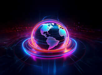 Poster - a vibrant, glowing earth encircled by neon rings, set against a dark, futuristic backdrop. the image