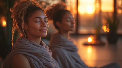 Aufkleber - Two women sit peacefully in a cozy indoor space, practicing mindfulness meditation as the warm sunset light casts a soft glow around them, creating a tranquil atmosphere.