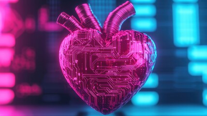 Poster - Digital heartbeat futuristic love symbol tech world 3d art neon environment abstract perspective