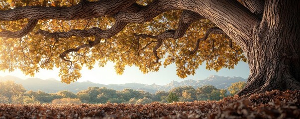 Poster - Plane tree abstract background idea. Majestic oak tree with golden leaves overlooking a serene landscape in autumn.