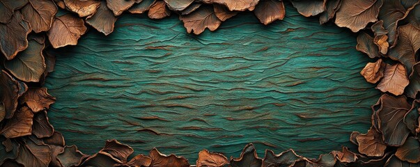 Poster - Plane tree abstract background idea. A serene backdrop of teal water framed by rich, textured brown leaves.