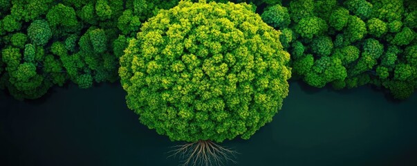 Poster - Plane tree abstract background idea. Aerial view of a lush, green tree surrounded by rich vegetation and tranquil water.