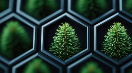 Poster - Pine tree abstract background idea. Close-up of hexagonal patterns featuring lush green pine trees in a modern design.