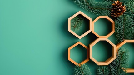 Poster - Pine tree abstract background idea. Stylish wooden hexagons arranged with pine branches and a pinecone on a teal background.