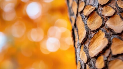Aufkleber - Plane tree abstract background idea. Close-up of textured tree bark with a vibrant orange background, showcasing nature's beauty.