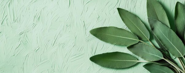 Poster - Sage leaves abstract background concept. Fresh green leaves against a textured pastel background, perfect for nature-themed designs.