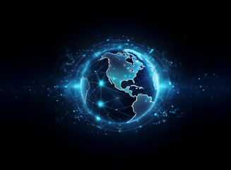 Poster - A glowing blue digital globe, showcasing interconnected nodes representing global network and data flow.  The dark background emphasizes the digital world's vastness.