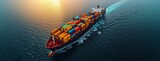 An overhead view of a container ship loaded with containers, symbolizing global business, cargo shipping, commercial trade, logistics, and international transportation.