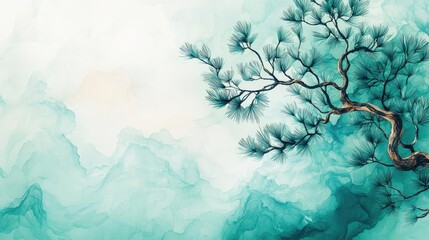 Poster - Pine tree abstract background idea. Elegant abstract artwork featuring serene mountain landscape and pine tree branches.
