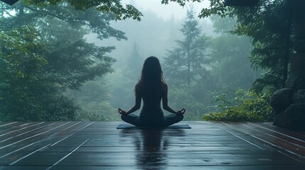 Aufkleber - A person sits cross-legged on a deck, practicing meditation amidst a tranquil forest. Fog envelops the trees, creating a peaceful atmosphere for mindfulness.