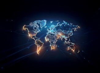 Poster - A glowing, digital world map showcases global interconnectedness, with nodes of light representing major cities and data streams connecting continents.  The dark background emphasizes the vastness of 