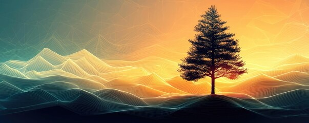 Poster - Pine tree abstract background idea. A serene tree stands against a colorful sunset, blending nature and tranquility beautifully.