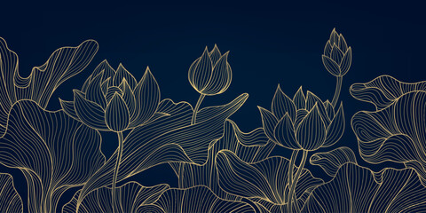 vector line gold lotus flowers background, floral luxury nature illustration. asian botanical drawin