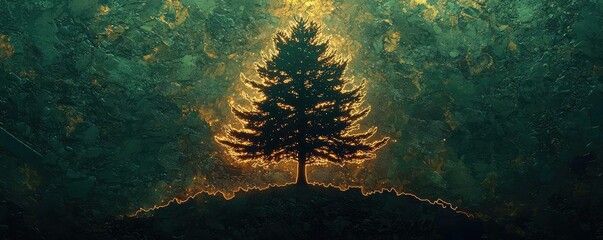Poster - Pine tree abstract background idea. A majestic tree silhouette against a colorful, glowing background.