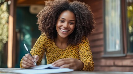 Poster - A woman with curly hair enjoys a sunny day while writing notes in a cozy outdoor setting. She is brainstorming ideas related to real estate and AI, smiling as she engages with her work.